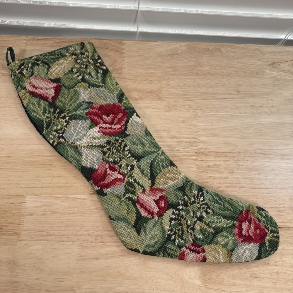 Vintage Needlepoint Christmas Stocking Floral Multi-Color Velvet Green Roses